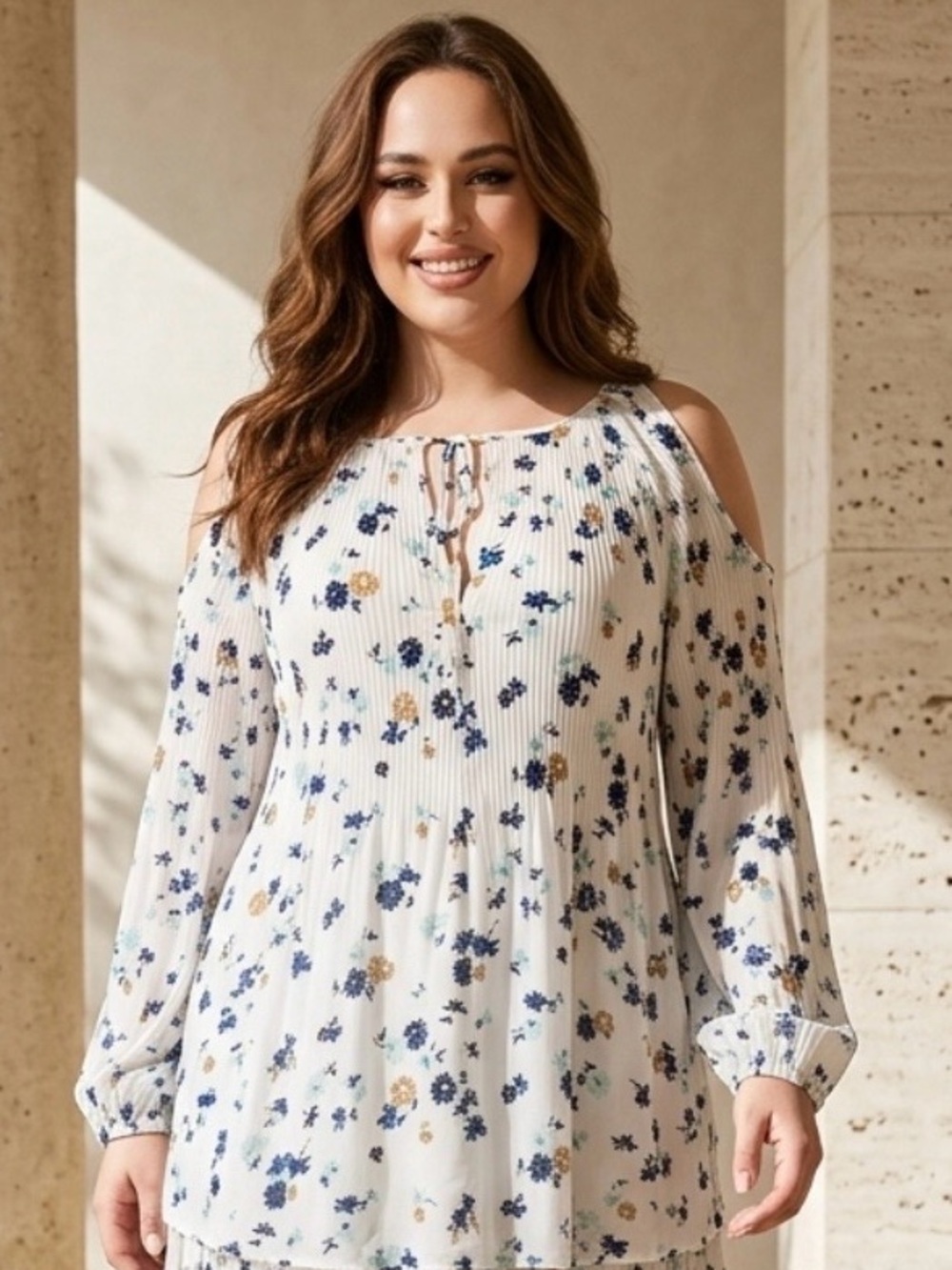 2 for $30 ✅ Plus Size Floral Cold Shoulder Top - White and Multicolor Blue